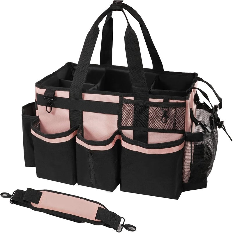 SCAVATA Wearable Cleaning Caddy, Cleaning Caddy Supplies Organizer with Handle & Shoulder Straps for Housekeepers, Under Sink & Car Cleaning Tool Organizers Bag with 4 Foldable Divider (Pink) - Image 1
